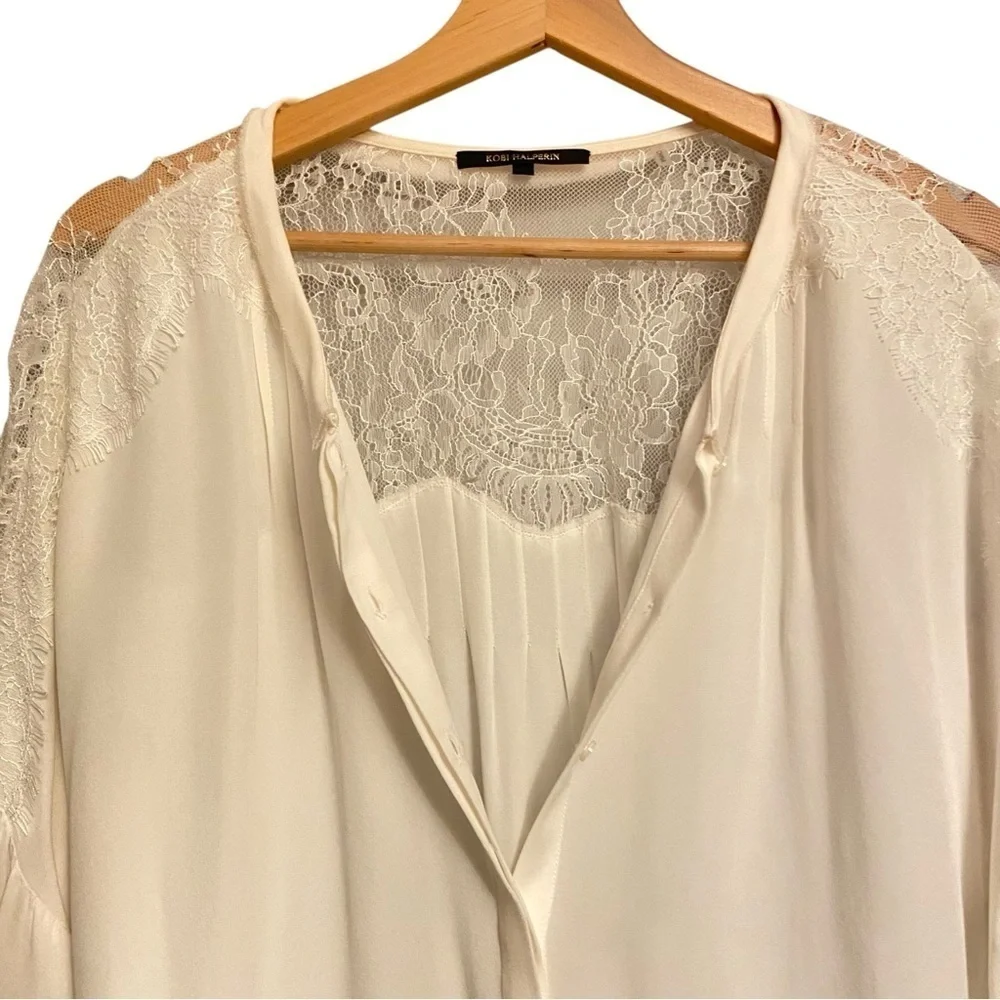 Kobi Halperin Valentina Balloon Sleeve Ivory Silk Blouse with Lace - Picture 13 of 14